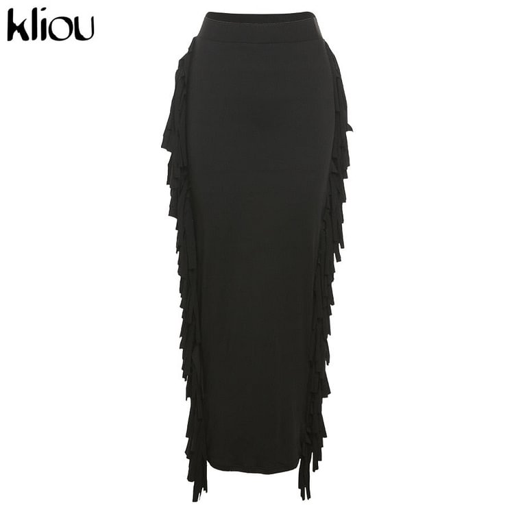 Kliou Side Tassel Women Skirt Elegant Unique Robe Straight Skinny Hight Waist Stretchy Hot Streetwear Style Female Clothes - BlackFridayBuys