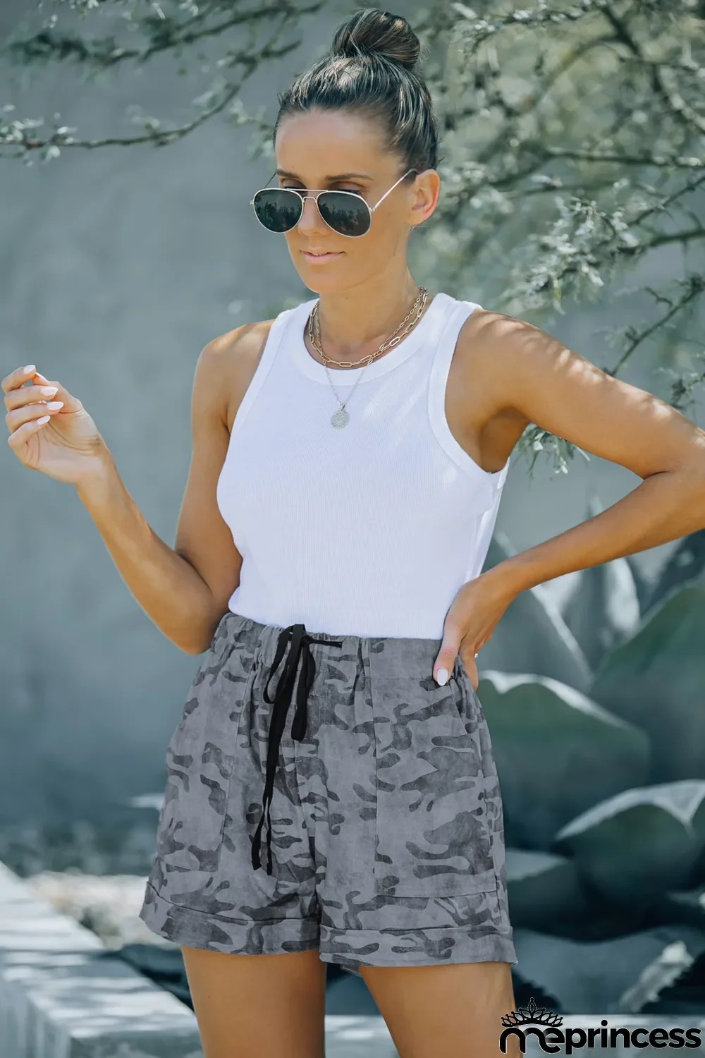 Camouflage Print Drawstring Casual Elastic Waist Pocketed Shorts