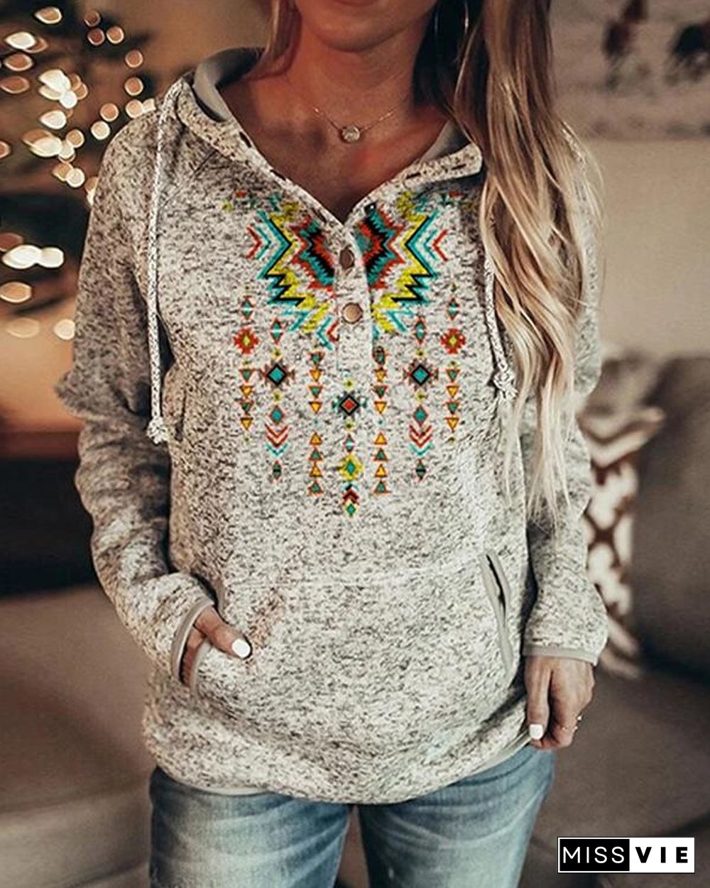 Women's Vintage Print Casual Pocket Fleece Hoodie & Sweatshirt