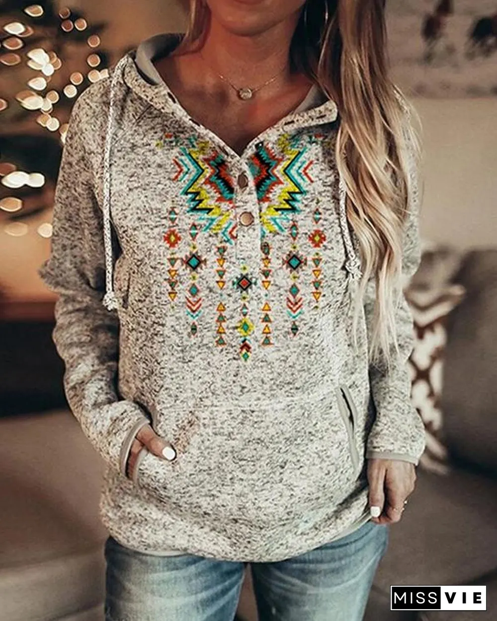 Women's Vintage Print Casual Pocket Fleece Hoodie & Sweatshirt