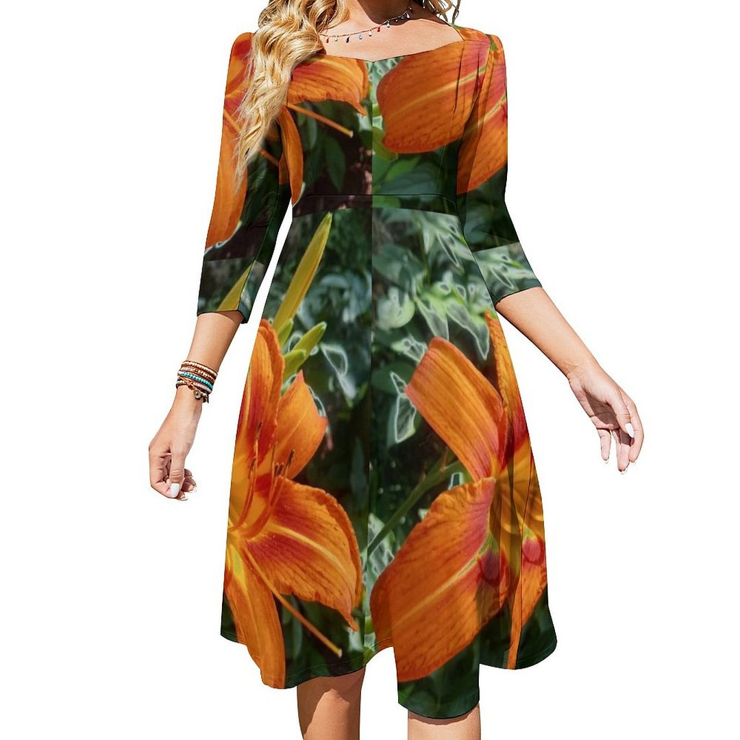 Floral Style Orange Lily Flower With Greenery Yoga Dress Sweetheart Tie Back Flared 3/4 Sleeve Midi Dresses