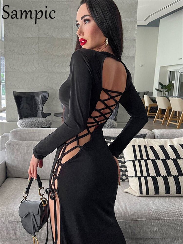 Sampic O Neck Sexy Backless Bandage Fahsion High Split Women Bodycon Long Dress Hollow Out Black Party Wrap Long Sleeve Dress