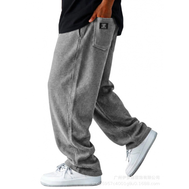 2026 Men Waffle Grid Textured Loose Wide Leg Drawstring Casual Pants