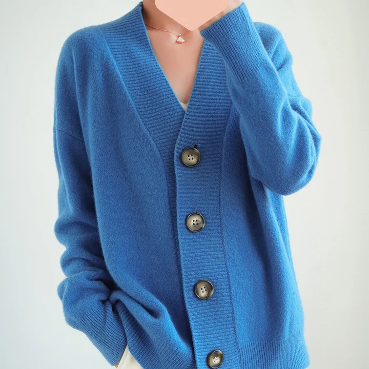 Vintage Loose Solid Color V Neck Buttoned Sweater Cardigan