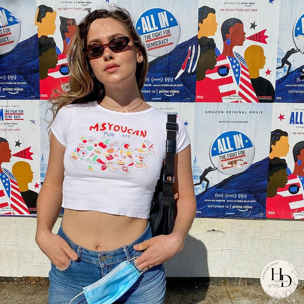 2000s Streetwear Cartoon Print White Baby Tees Y2K Aesthetics Letter O-neck Short Sleeve T-shirts Summer Cute Crop Top