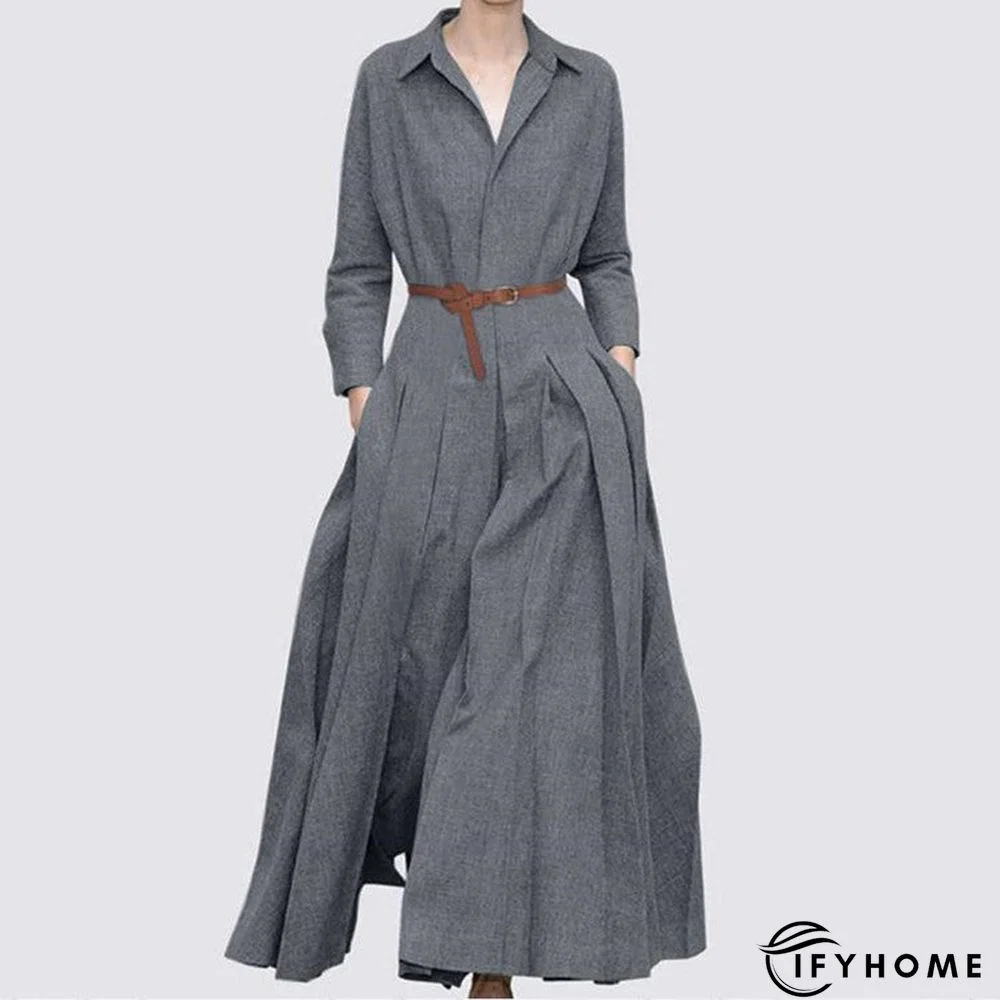 Women's A Line Solid Formal Ruched Lace up Pocket Collar Loose Maxi Dress | IFYHOME