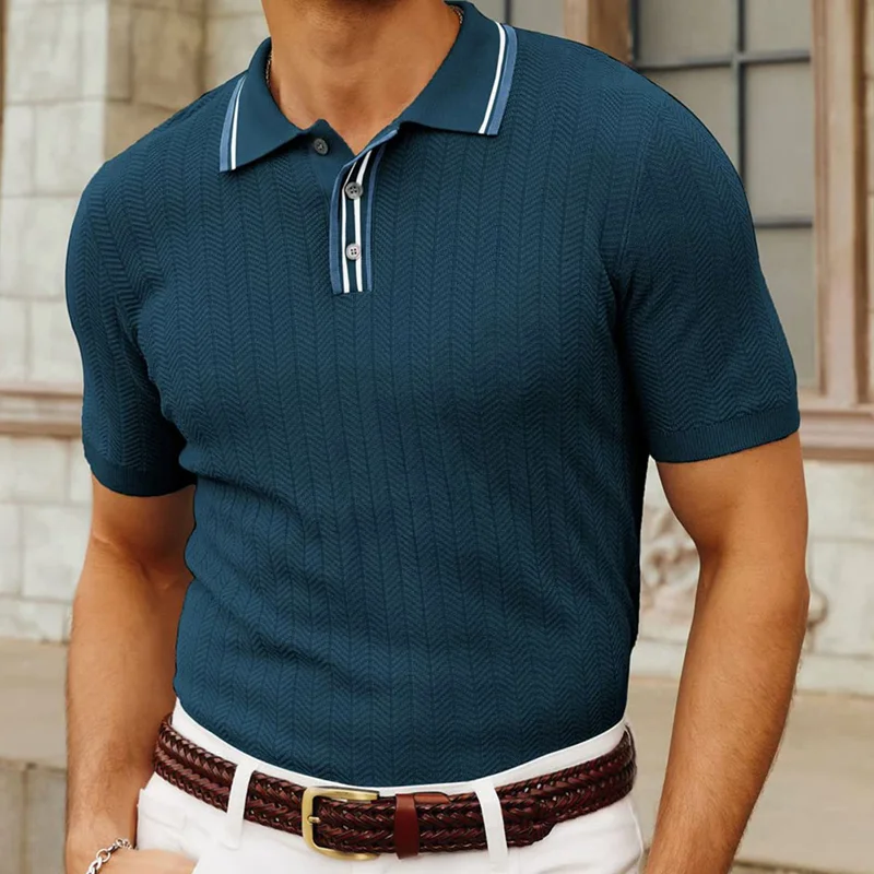 Men's Contrast Lapel Short Sleeve Polo Collar Sweater