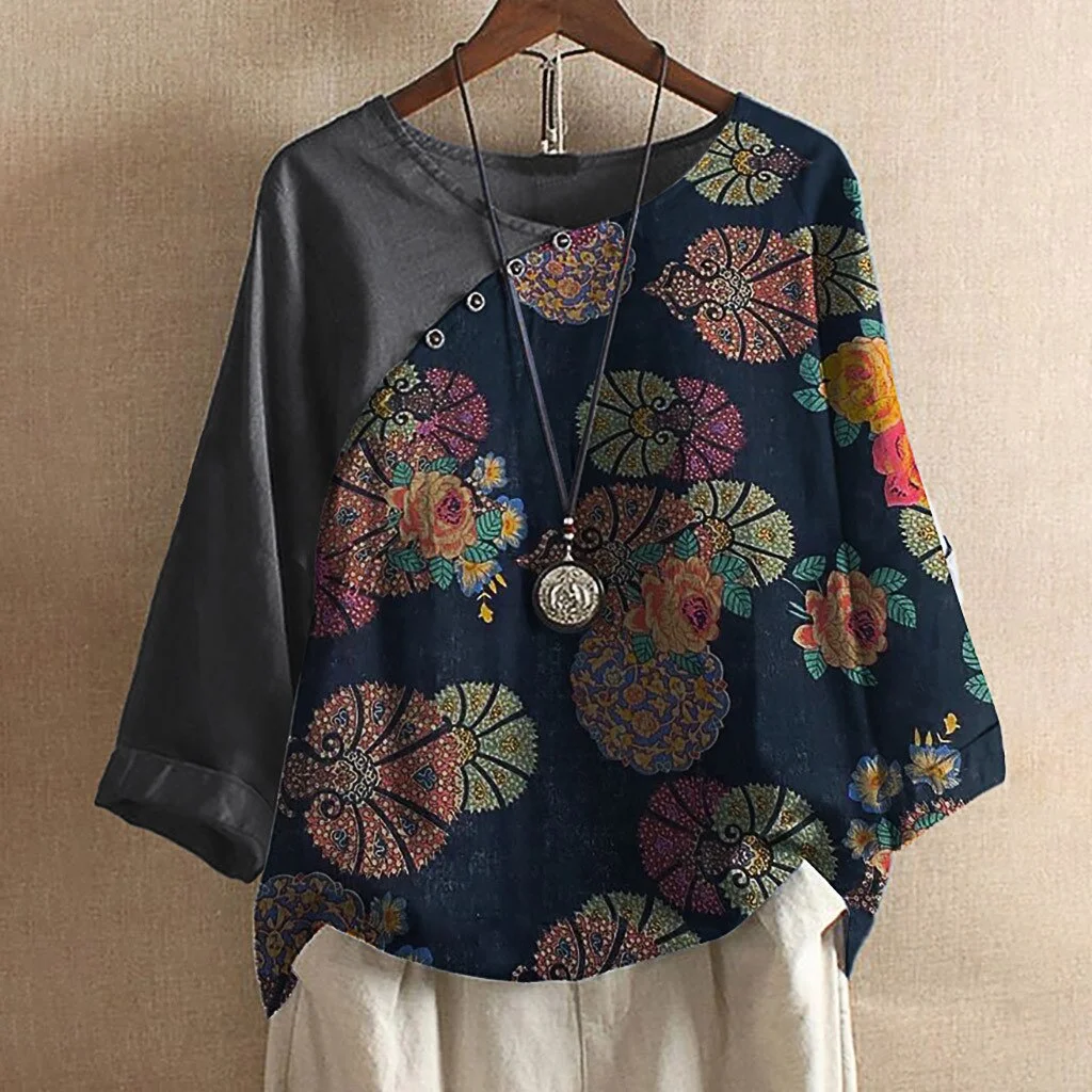 Plus Size Fashion Floral Print Linen Blouse Shirt O-Neck Tops Tee Casual Autumn Ladies Female Women Long Sleeve Blusas Pullover