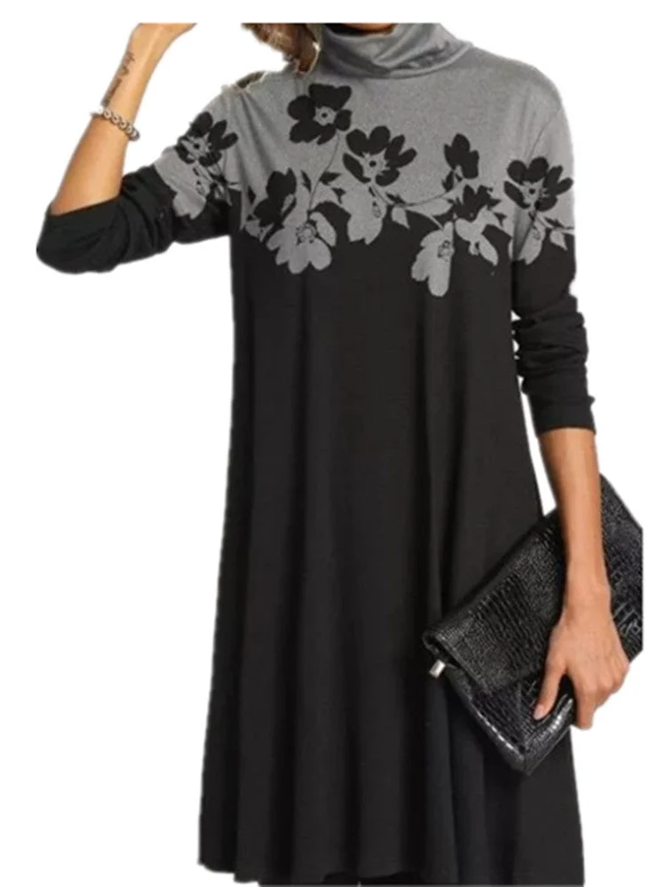 Brownm Fashion Printed Collar Long Sleeves Loose Dresses
