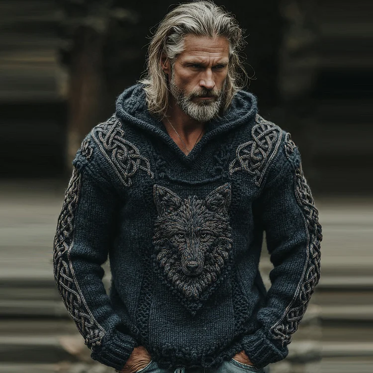 Men's Viking Wolf Celtic Knot Jacquard Knitted Hooded Sweater