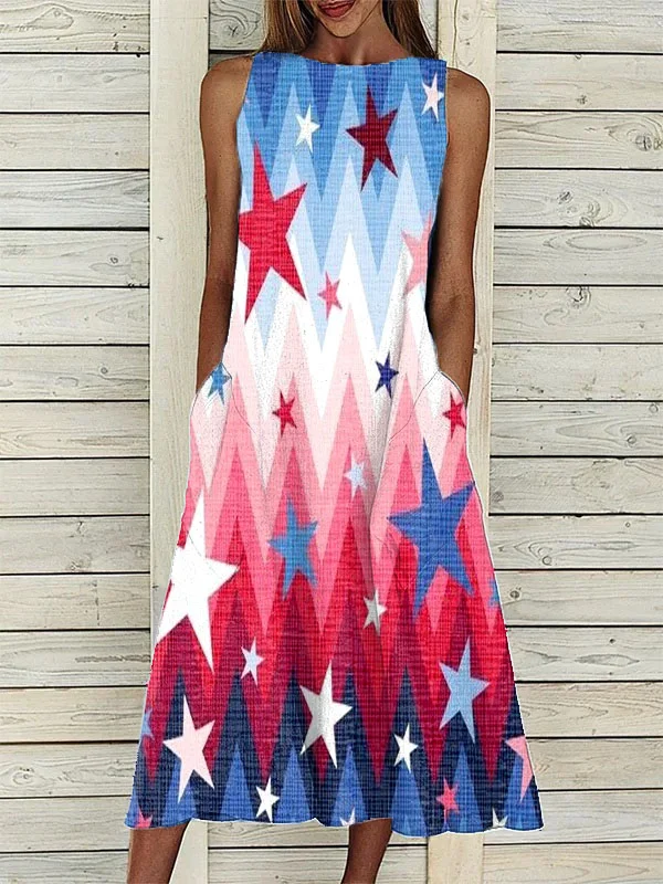 Women's Independence Day Themed American Flag Color Element Print Pocket Dress