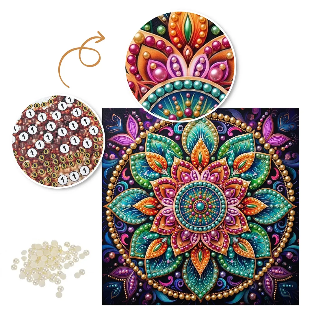 Colorful Floral Mandala on Dark Ground - Pearls Painting