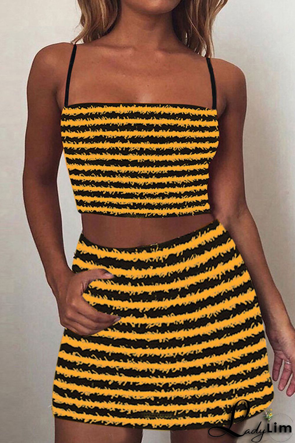 Red Sexy Street Striped Printing Spaghetti Strap Sleeveless Two Pieces