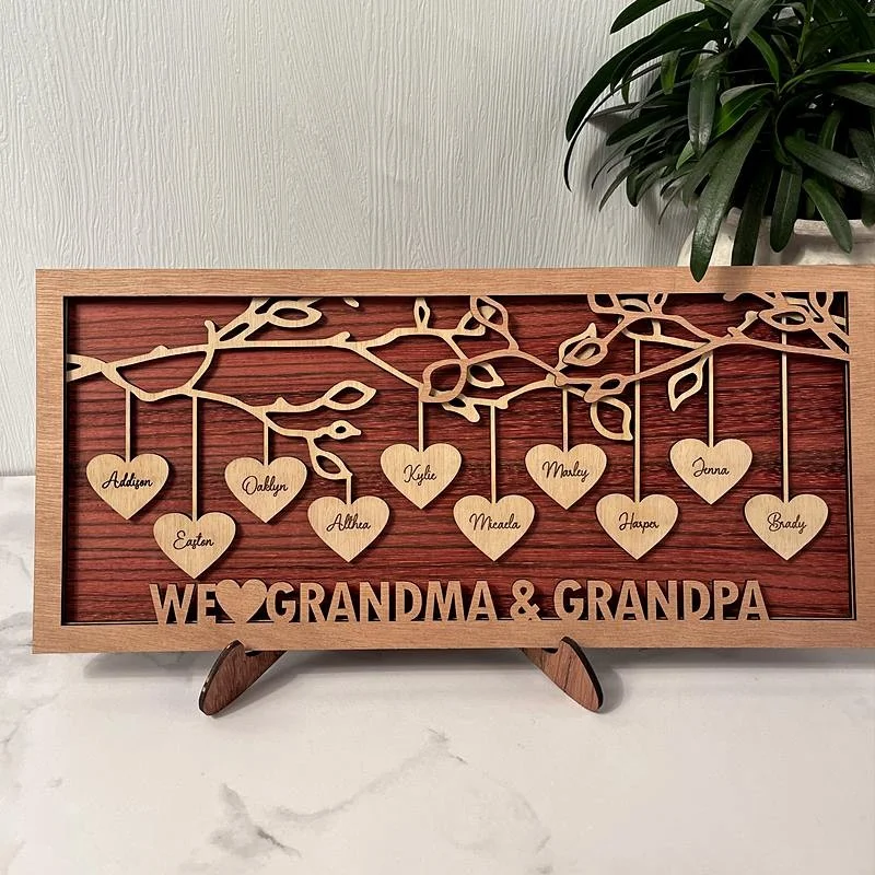Vangogifts ‘We ❤ Grandma & Grandpa ’Family Tree Wood Frame with Easel Name Engraved Logo Personalized Home Decor
