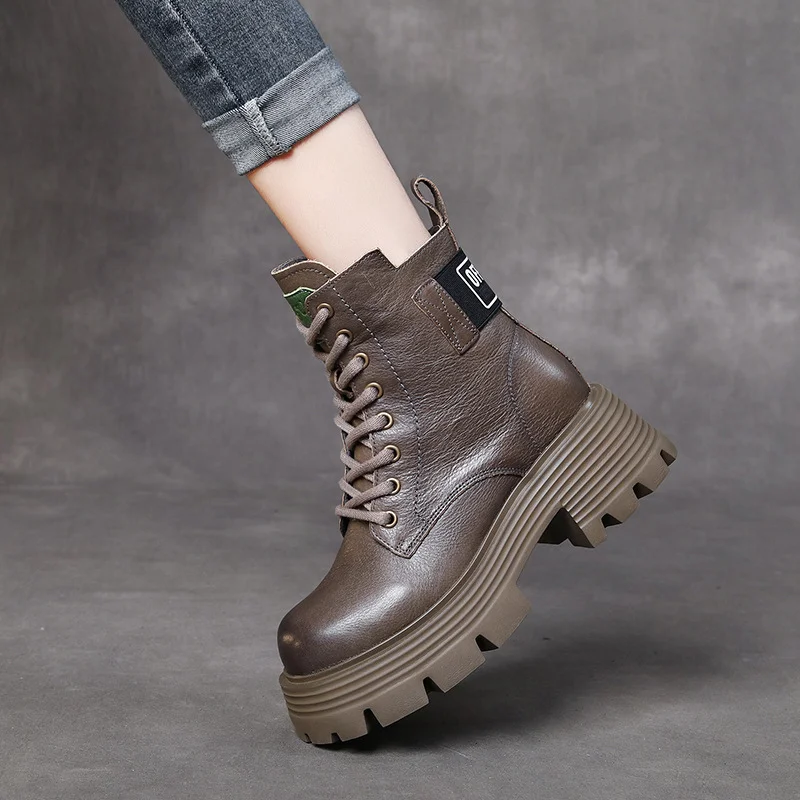Yyvonne Head Layer Of Cow Skin Thick And Thick Bottomed Pine Cake Boots Handsome British Style Retro Martin Boots Women Height Height