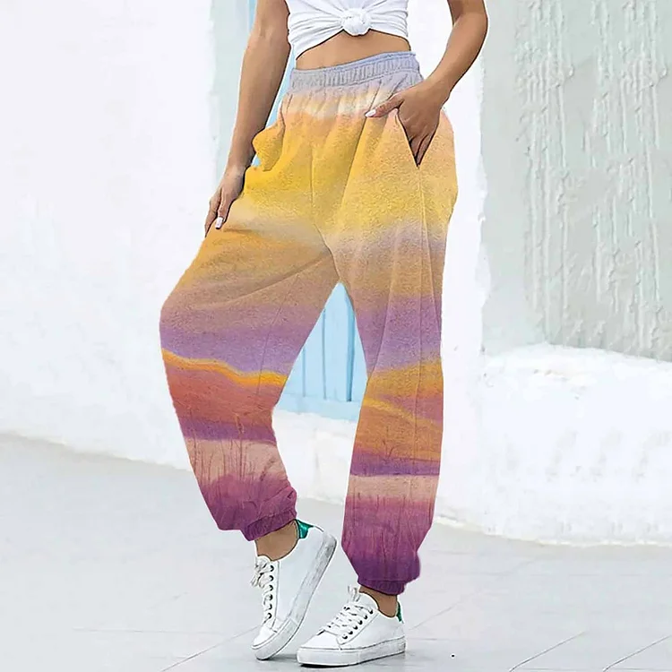 Colorful Sunset Grass Print Casual Joggers Sweatpants