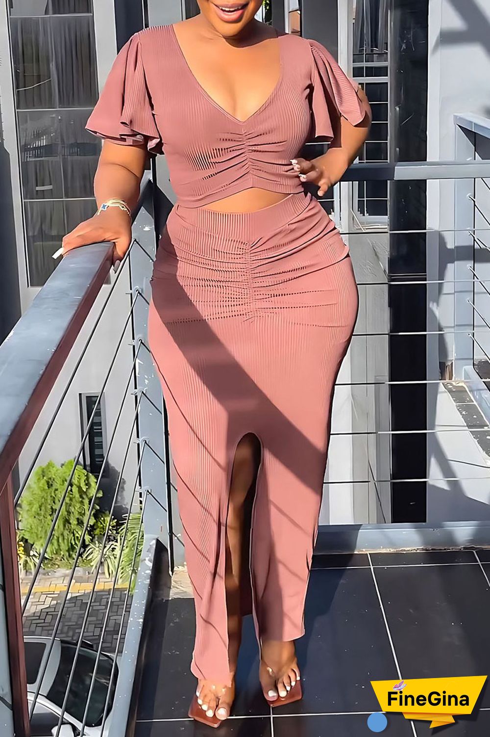 Blue Elegant Solid Patchwork Fold V Neck Short Sleeve Two Pieces