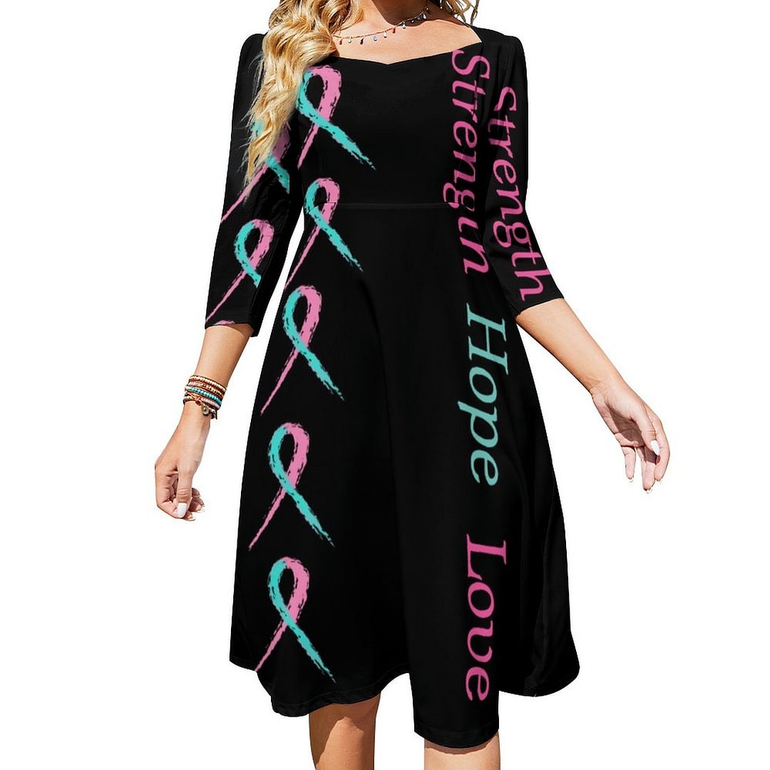 Strength Hope Love Pink And Teal Dress Sweetheart Tie Back Flared 3/4 Sleeve Midi Dresses