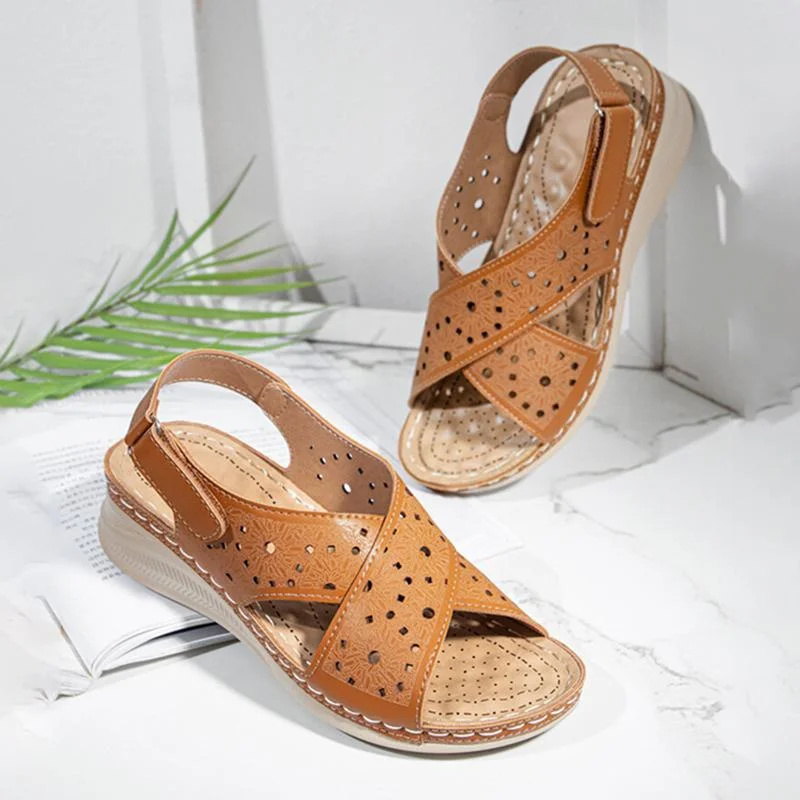 Women Carved Hollow Out Cross Band Comfy Soft Casual Wedges Sandals