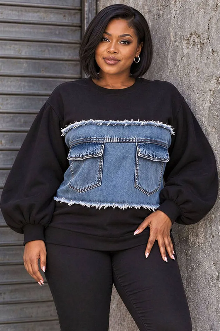 Xpluswear Design Plus Size Daily Denim Black Round Neck Long Sleeve Contrast Hoodies [Pre-Order] 2024 - Xpluswear