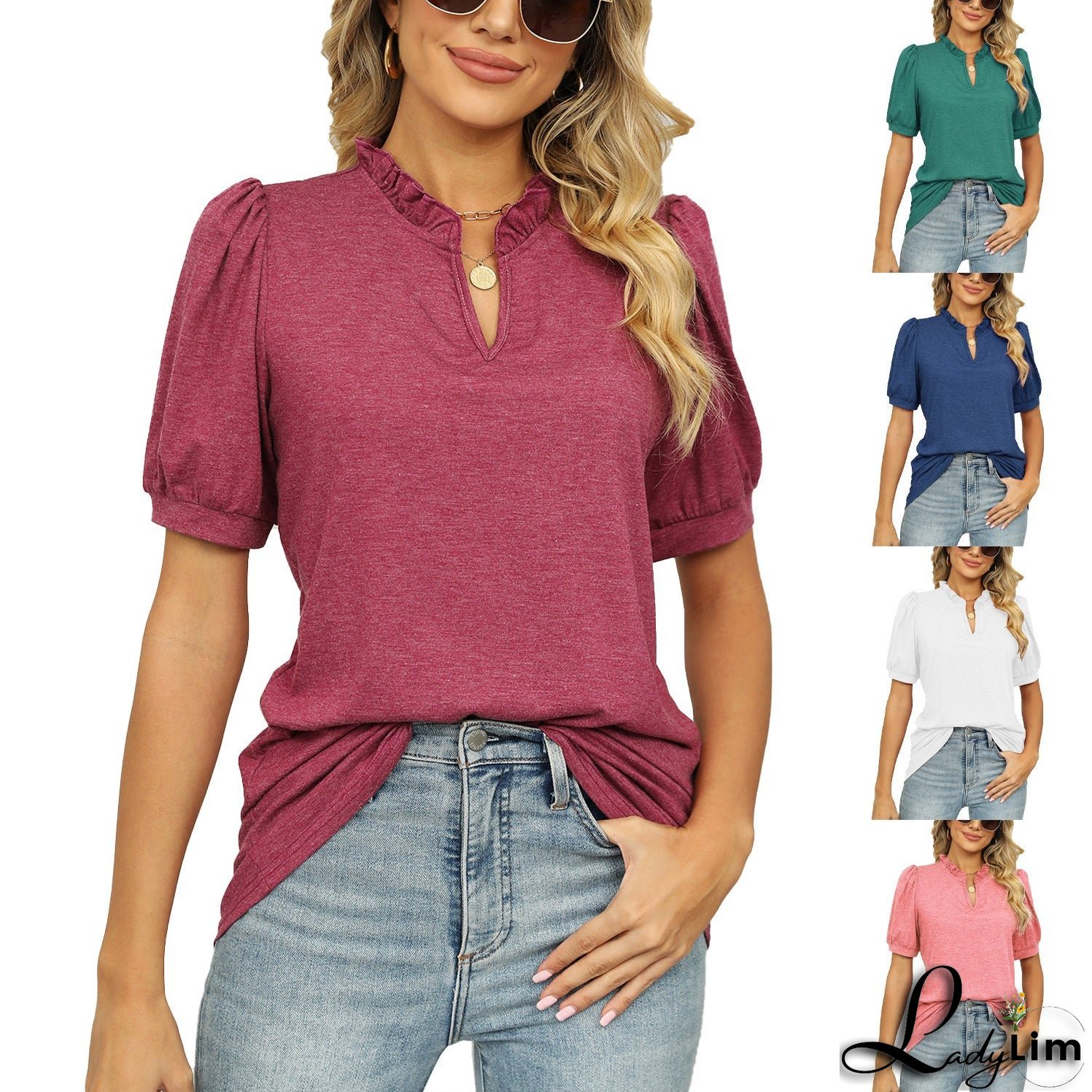 V-neck Shrink Pleated Short Sleeve Loose T-shirt Top For Women