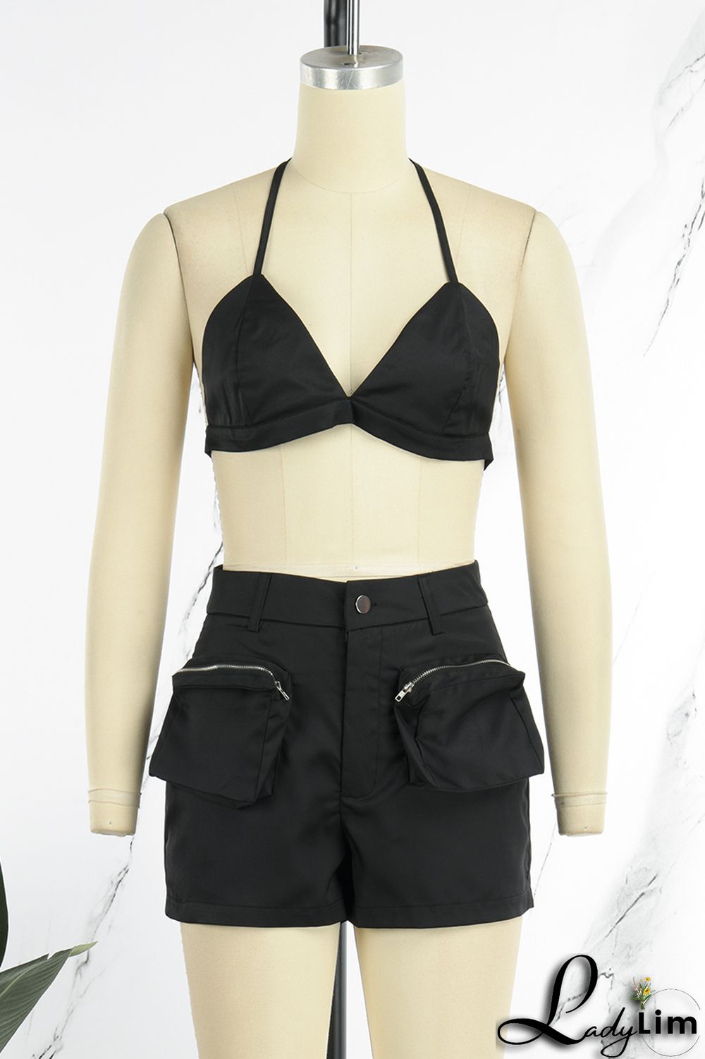 Olive Green Sexy Street Solid Patchwork Pocket Backless Sleeveless Two Pieces