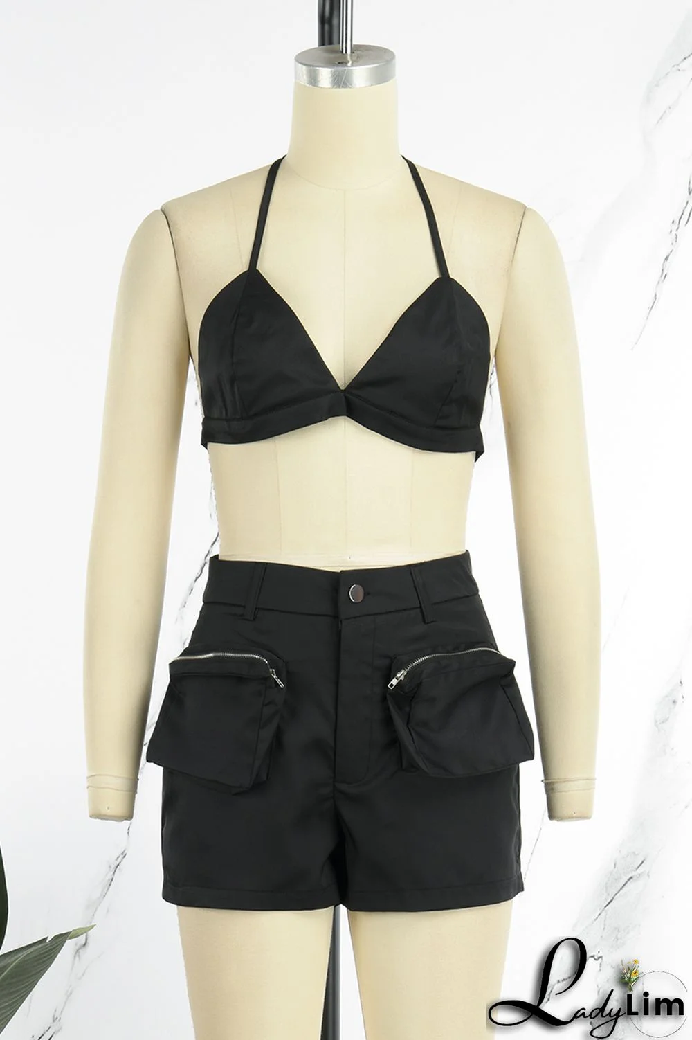 Olive Green Sexy Street Solid Patchwork Pocket Backless Sleeveless Two Pieces