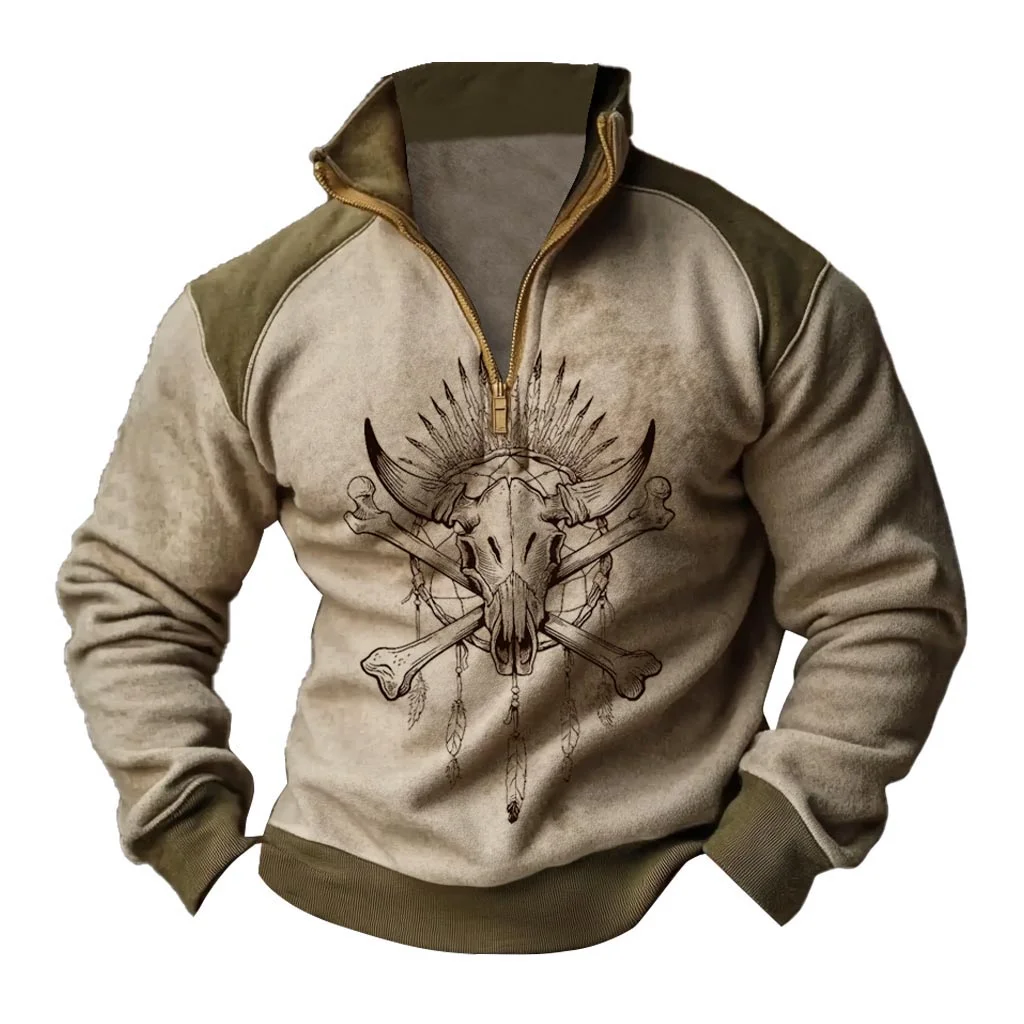 Men's Vintage Western Bullhead Cowboy Color Block Quarter Zip Stand Collar Sweatshirt