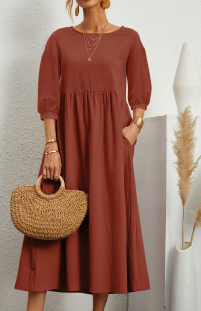 Cotton Linen Fashion Vintage Loose Balloon Sleeve O Neck Midi Dress