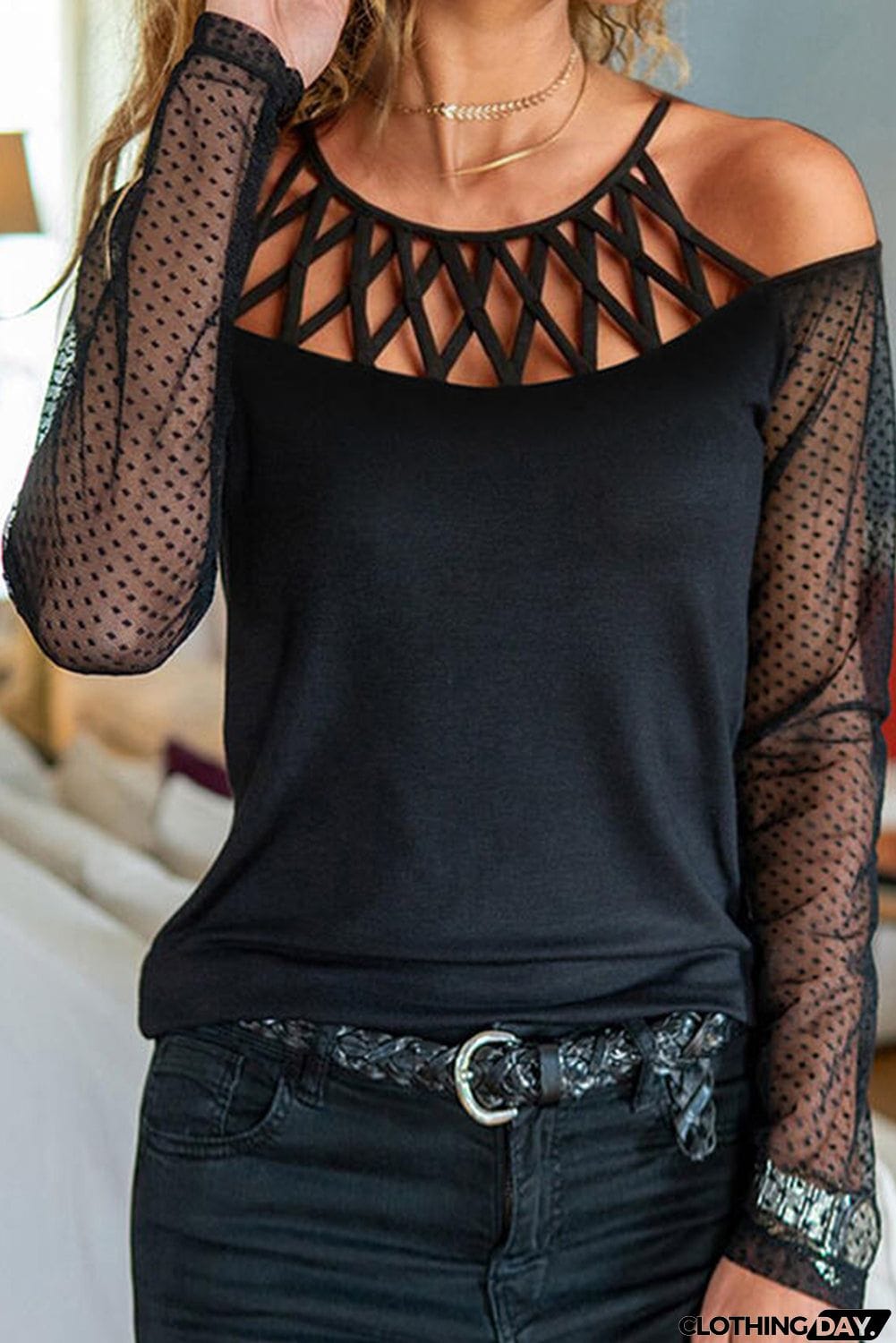 Polka Dot Cold Shoulder Long Sleeves Top