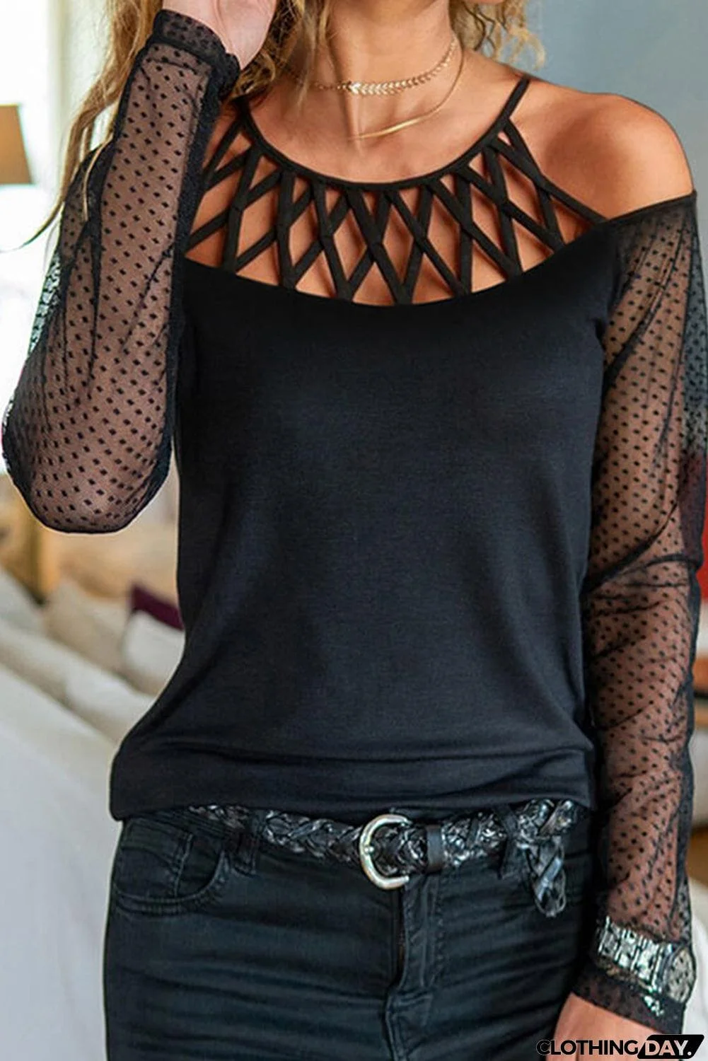 Polka Dot Cold Shoulder Long Sleeves Top