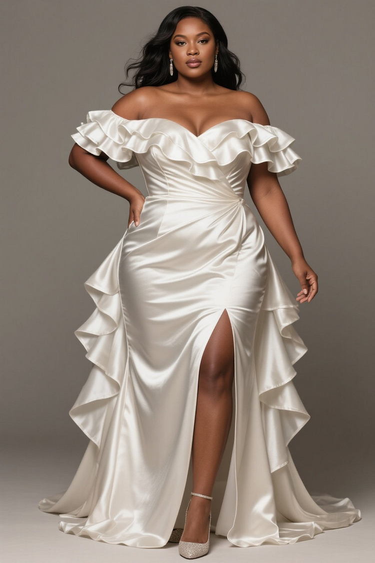Xpluswear Design Plus Size Wedding White Off The Shoulder Split Elegant Ruffle Satin Maxi Dresses [Pre-Order]