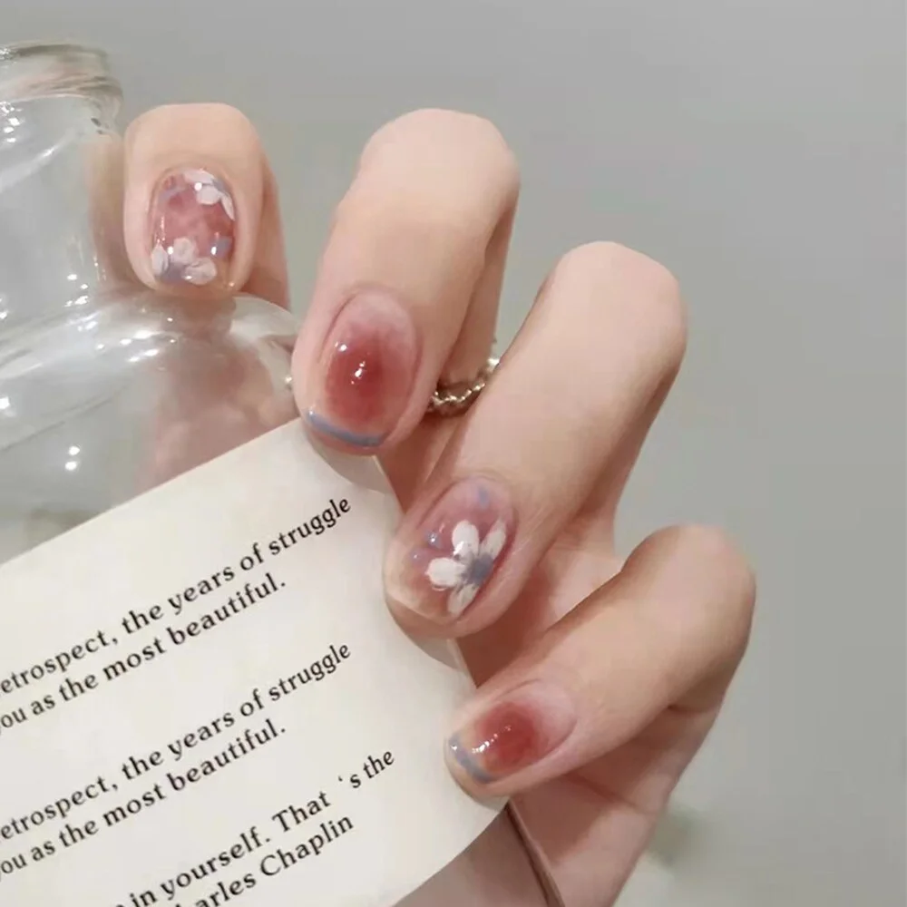 24pcs Tulip Printed Nail Patch Nude Color Wearable Artificial Fake Nails Full Cover Sweet Nude Pink Nail Tips Art Accessories-Nail Inspo