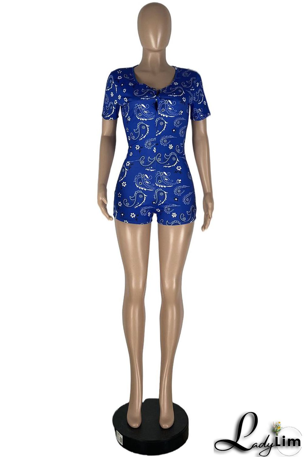Peacock Blue Fashion Casual Print Basic O Neck Skinny Romper