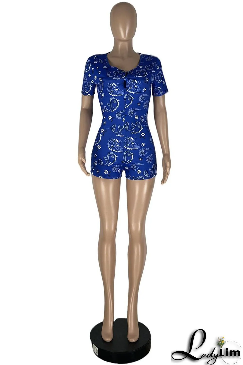 Peacock Blue Fashion Casual Print Basic O Neck Skinny Romper