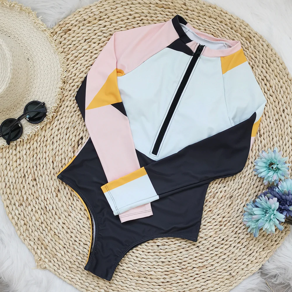 Uveng 2025 New Long-Sleeved Swimsuit Women's Surfsuit Integrated Multi-Color Splicing Zipper