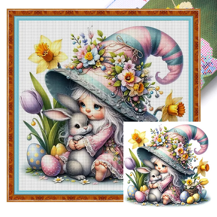 Girl Holding Bunny Goblin 11CT Stamped Cross Stitch 50*50CM