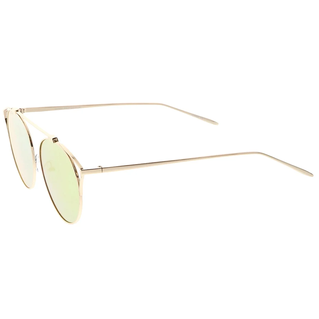 Modern Metal Cutout Cat Eye glasses With Crossbar Round Mirrored Flat Lens 55mm