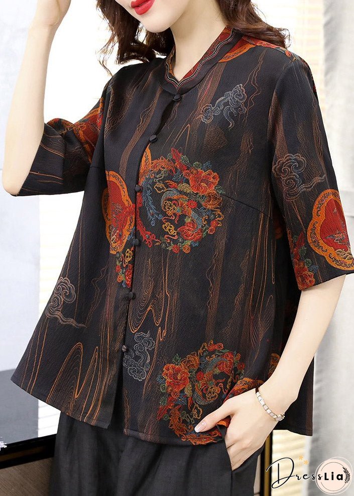 Unique Black Floral Peter Pan Collar Print Button Silk Shirt Half Sleeve