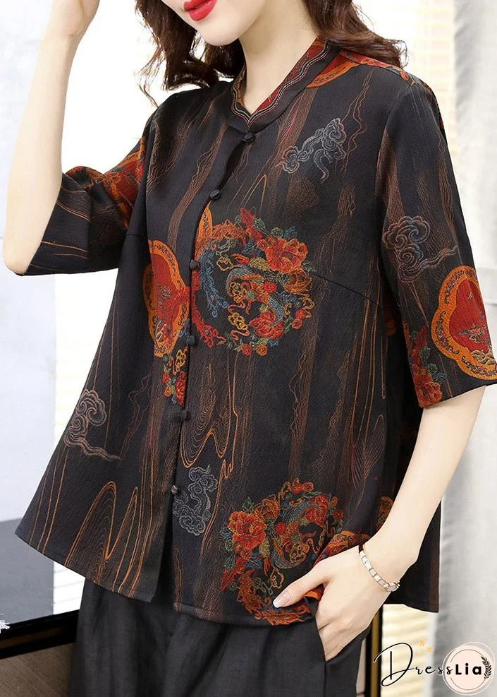 Unique Black Floral Peter Pan Collar Print Button Silk Shirt Half Sleeve