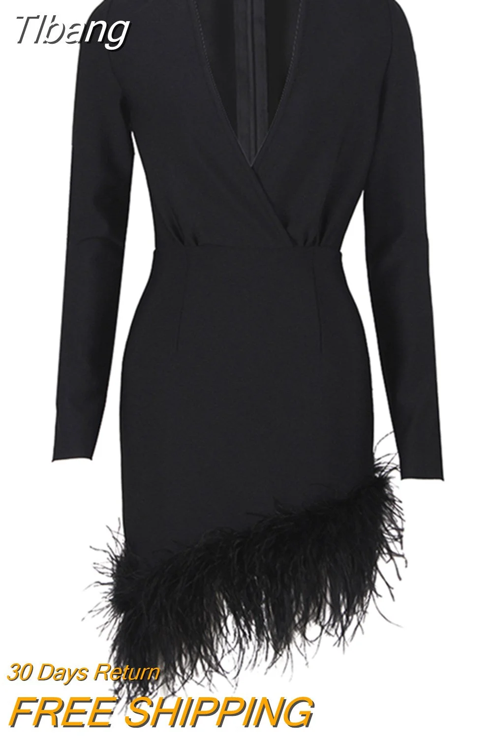 Tlbang V-Neck Long Sleeve Feathers Bandage Mini Dress Winter Women Black Feathers Asymmetrical Slim Dress Evening Party Club Dress