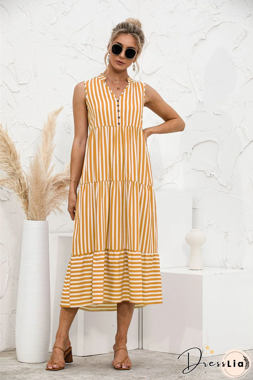 V-neck Striped Button Stitching Dress