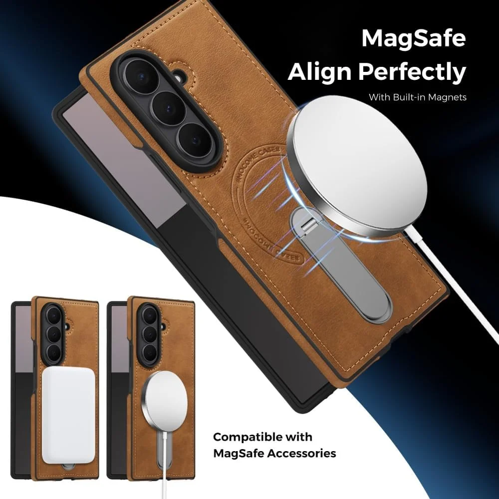 360 Rotae Kickstand Leather Case for Samsung Galaxy Z Fold 7 6 5 4 3 5G Magnetic Heavy Duty Cover, Military Shockproof Cases 