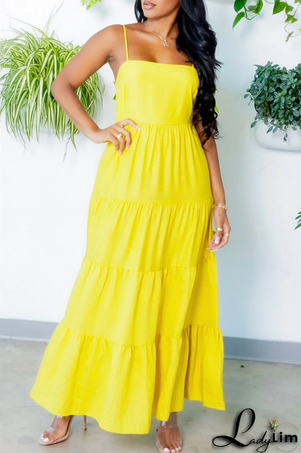 Yellow Fashion Casual Solid Backless Spaghetti Strap Long Dress