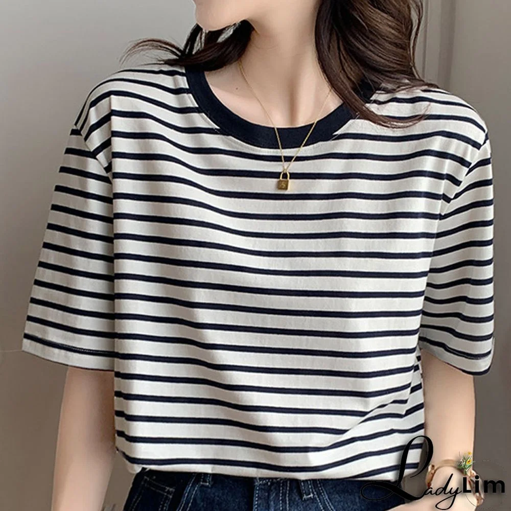 Colorblock Stripe Round Collar Loose T-Shirt