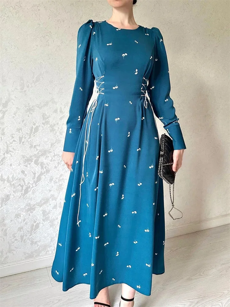 Huiketi Printed Bandage Elegant Maxi Dress For Women Slim Patchwork Lace-Up Long Sleeve Fashion Dress Female Contrast Long Dress