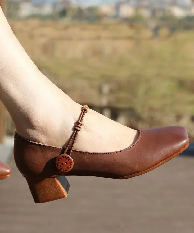 Comfy Splicing Buckle Strap Chunky High Heels Coffee Cowhide Leather