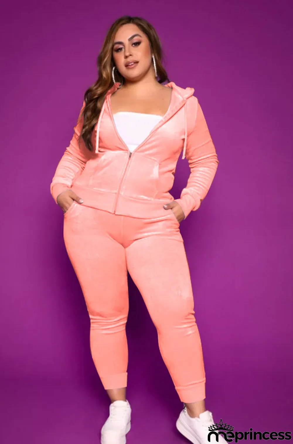 Plus Size Velvet Hooded Zipper 2 Piece Pants Set