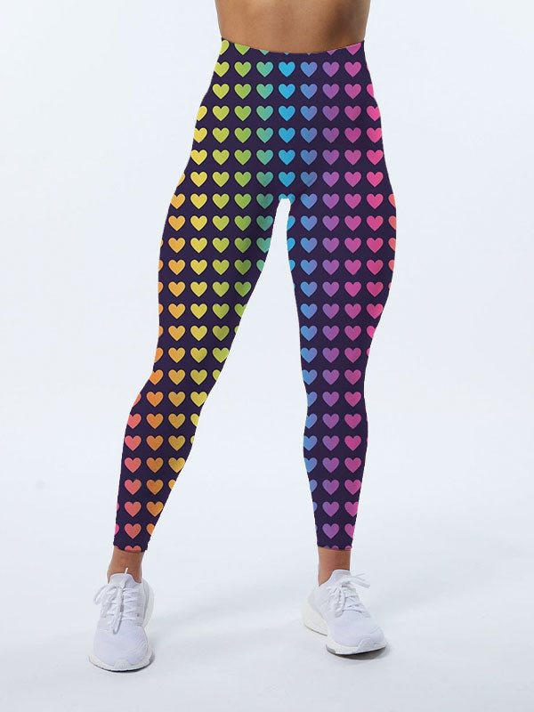 Bright Rainbow Ombre Gradient Hearts Pattern Leggings