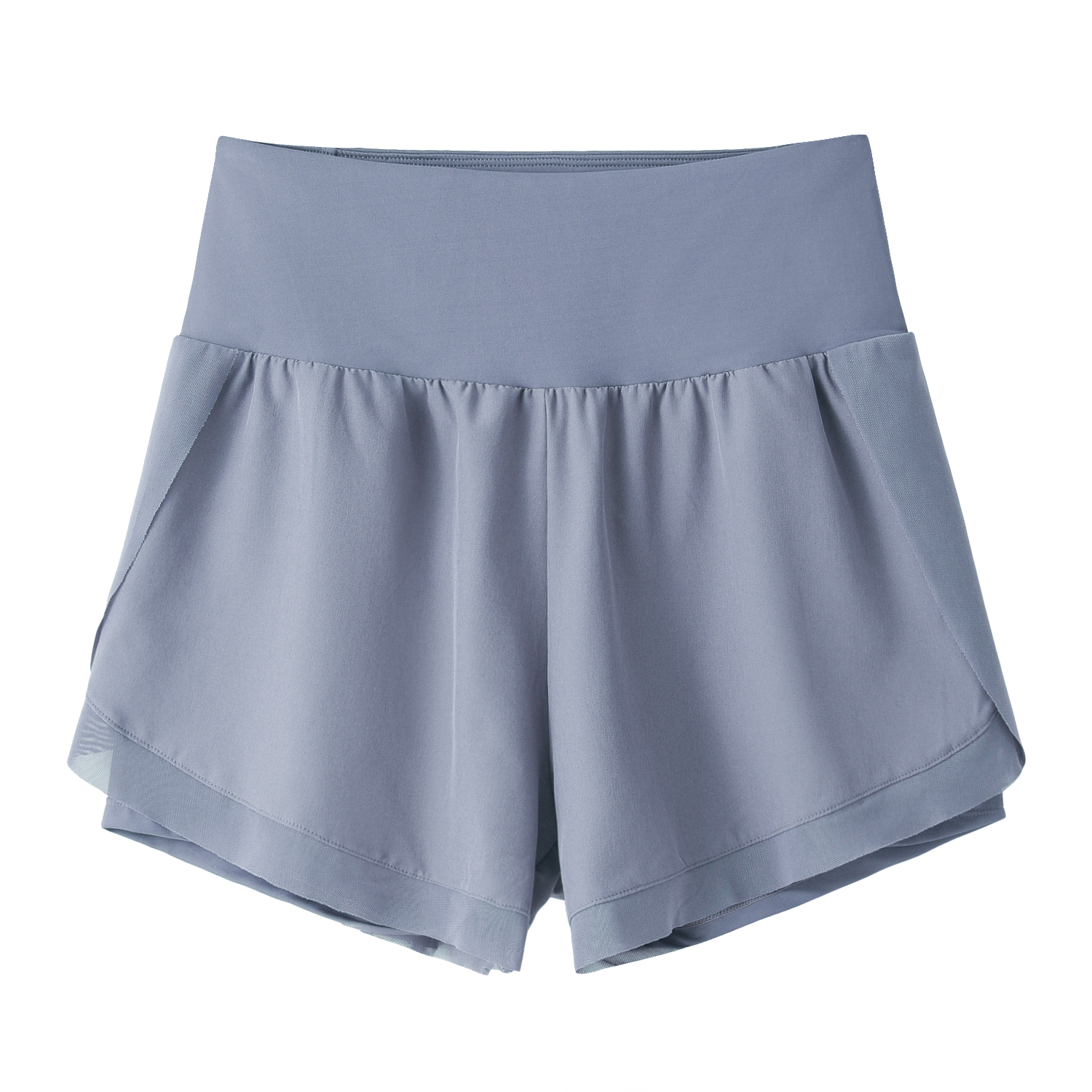 Hergymclothing Haze Blue fake 2 pieces mesh patchwork high waist casual gym shorts with pockets online shopping